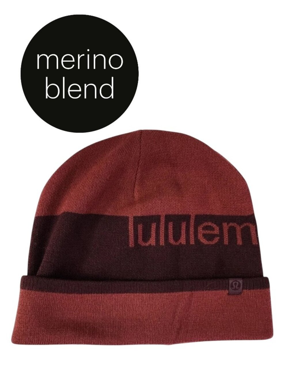 LULULEMON Burgundy Maroon Merino blend Logo Beanie Reversible Knit Hat one size